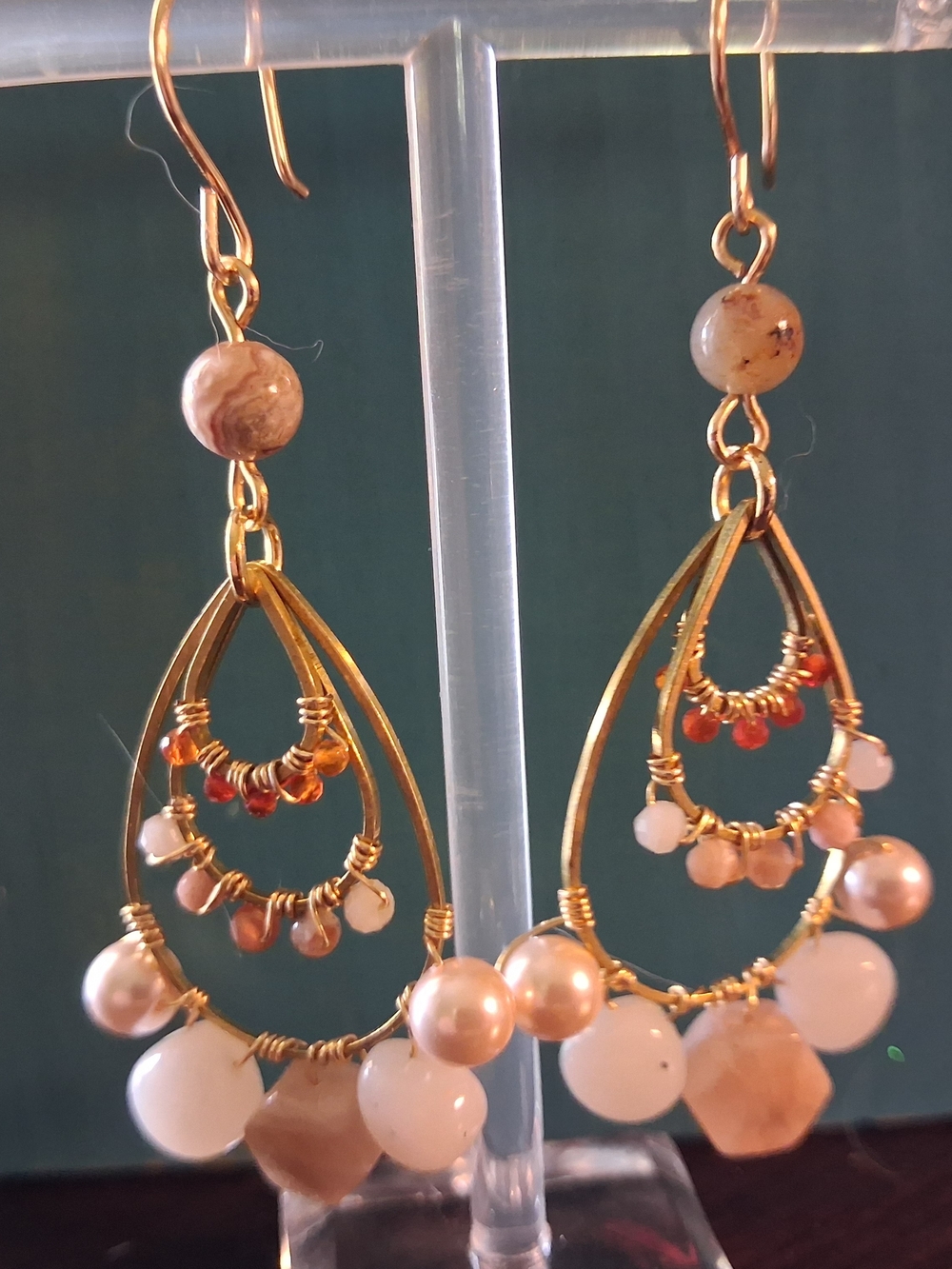 Gold Teardrop Hoop Earrings with Peach & Coral Beads